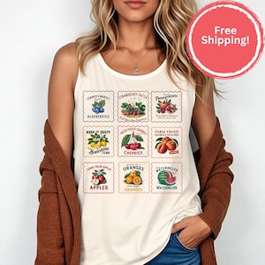 Summer Fruit Stamp tank top, Comfort Colors Farmers Market Tank Top, Trendy Farmer&#39;s Market Shirt, Cottage Core, Gift for Gardener, Coquette