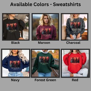 Puede incluir: Exhibici&oacute;n de sudaderas en varios colores: negro, granate, carb&oacute;n, azul marino, verde bosque y rojo. Cada sudadera presenta un dise&ntilde;o gr&aacute;fico y texto. El texto dice: "En las horas m&aacute;s silenciosas, cuando el anhelo es m&aacute;s profundo, estar&eacute; all&iacute;."