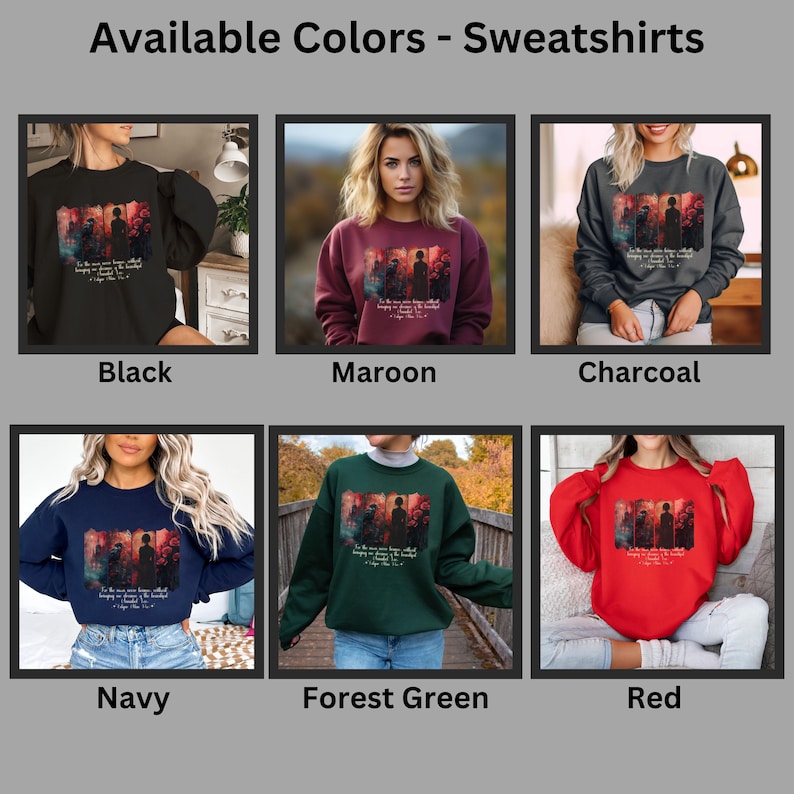 Puede incluir: Exhibici&oacute;n de sudaderas en varios colores: negro, granate, carb&oacute;n, azul marino, verde bosque y rojo. Cada sudadera presenta un dise&ntilde;o gr&aacute;fico y texto. El texto dice: "En las horas m&aacute;s silenciosas, cuando el anhelo es m&aacute;s profundo, estar&eacute; all&iacute;."