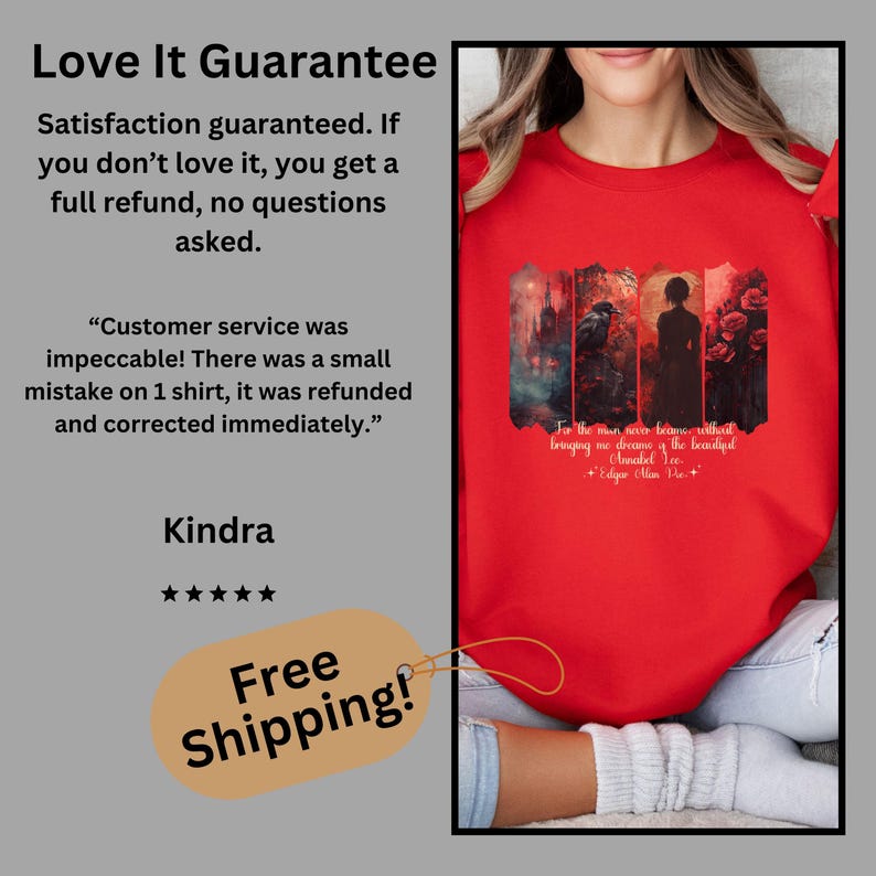 Puede incluir: Una sudadera roja con un dise&ntilde;o gr&aacute;fico que presenta una silueta y elementos florales. El texto en la sudadera dice: "For the man never beams...Annabel Lee." La imagen tambi&eacute;n incluye texto sobre una garant&iacute;a de satisfacci&oacute;n.