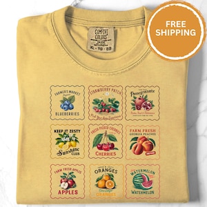 Summer Fruit Stamp Tshirt, Comfort Colors Farmers Market Stamp Shirt, Trendy Farmer&#39;s Market Shirt, Cottage Core, Gift for Gardener
