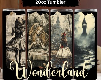 Gothic Alice in Wonderland Water Tumbler, 20oz Skinny Tumbler, Vintage Alice in Wonderland Gift, Gift for Reading Teacher, Literary Gift