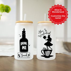 Personalized Alice in Wonderland 16oz Frosted Glass Can, Personalized Water Tumbler, Alice in Wonderland Gift, Custom Name, Literature Gift