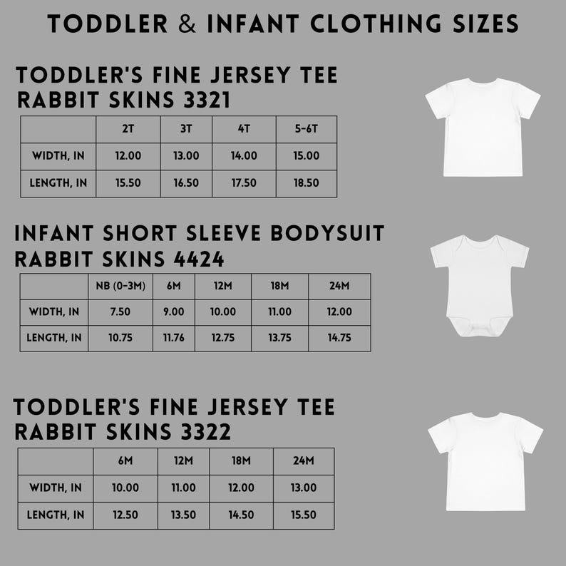Peut inclure: Tableaux des tailles de v&ecirc;tements pour tout-petits et b&eacute;b&eacute;s en blanc, avec des mesures en centim&egrave;tres. Comprend les tailles des t-shirts en jersey fin pour tout-petits et des bodies &agrave; manches courtes pour b&eacute;b&eacute;s. L'image montre &eacute;galement des exemples de v&ecirc;tements.