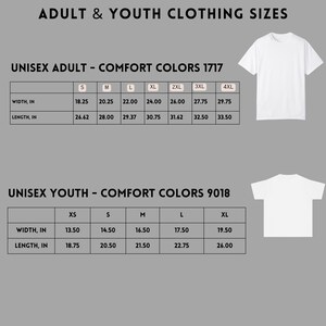 Peut inclure: Image pr&eacute;sentant les tailles de v&ecirc;tements pour adultes et jeunes pour les t-shirts unisexe Comfort Colors. L'image comprend un tableau des tailles avec des mesures en cm et deux t-shirts blancs.