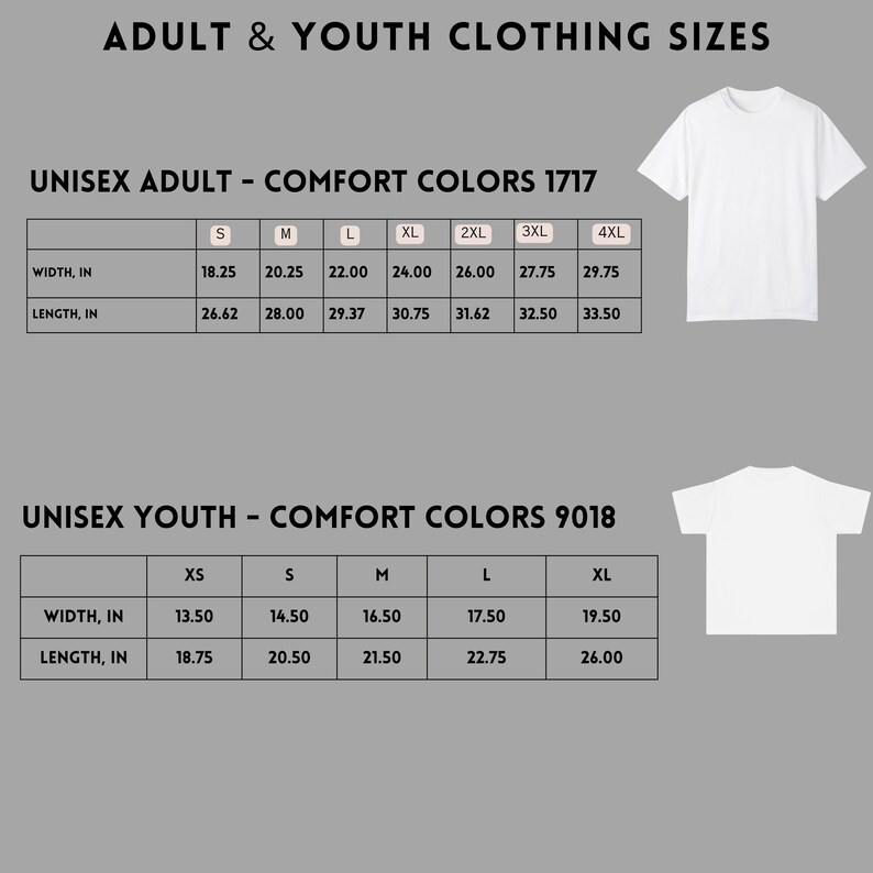 Peut inclure: Image pr&eacute;sentant les tailles de v&ecirc;tements pour adultes et jeunes pour les t-shirts unisexe Comfort Colors. L'image comprend un tableau des tailles avec des mesures en cm et deux t-shirts blancs.