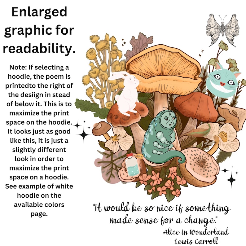 Peut inclure: Illustration color&eacute;e inspir&eacute;e d'Alice au pays des merveilles, avec un lapin blanc, une chenille, un chat du Cheshire parmi des champignons et des fleurs. La citation "It would be so nice if something made sense for a change" est incluse.