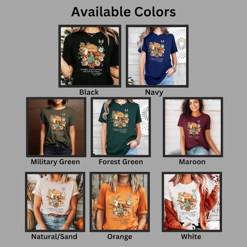 Peut inclure: Une s&eacute;lection de t-shirts de diff&eacute;rentes couleurs, dont noir, bleu marine, vert militaire, vert for&ecirc;t, bordeaux, naturel/sable, orange et blanc. Chaque chemise pr&eacute;sente un motif graphique avec un champignon, des fleurs et du texte.