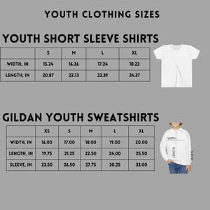 Peut inclure: Tableau des tailles de v&ecirc;tements pour enfants, pour t-shirts &agrave; manches courtes et sweatshirts. Les mesures sont en pouces pour la largeur, la longueur et la longueur des manches. Comprend un t-shirt blanc et un sweat-shirt blanc.