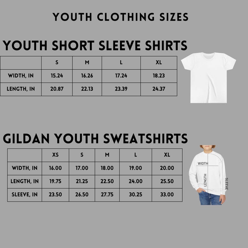 Peut inclure: Tableau des tailles de v&ecirc;tements pour enfants, pour t-shirts &agrave; manches courtes et sweatshirts. Les mesures sont en pouces pour la largeur, la longueur et la longueur des manches. Comprend un t-shirt blanc et un sweat-shirt blanc.