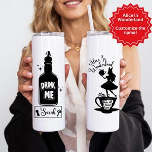 Personalized Alice in Wonderland Water Tumbler, 20oz Skinny Tumbler, Alice in Wonderland Gift, Frosted Glass Can Libby Sipper, Custom Name