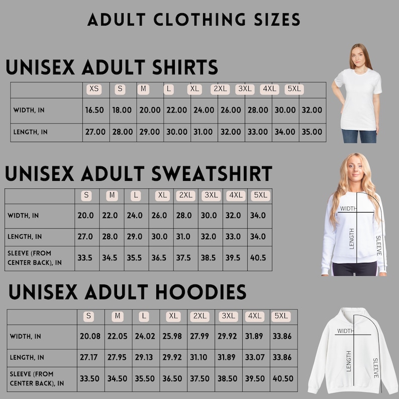 Peut inclure: Tableau des tailles pour chemises, sweatshirts et sweats &agrave; capuche unisexes pour adultes. Le tableau affiche les mesures en cm pour la largeur, la longueur et la longueur des manches, des tailles XS &agrave; 5XL. Deux femmes portent des v&ecirc;tements.