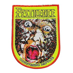 May include: A rectangular patch with a red border and a neon green background. The patch features the word "PESTILENCE" in yellow block letters above a graphic of a screaming face covered in insects. The text "CONSVMIING IMPVLSE" is written below the face.