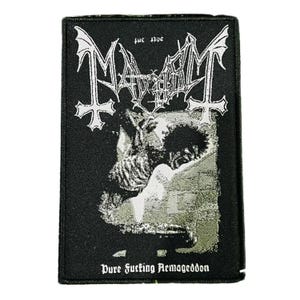 May include: Black rectangular patch with the band name "Mayhem" in white gothic lettering, featuring a detailed grayscale illustration and the text "Pure Fucking Armageddon".