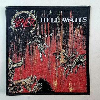 Patch Slayer 'Hell Awaits' – Logo Band, Tessuto Nero, 10x10 Cm, Cucito, Ufficiale