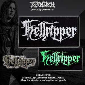 May include: The image displays a black embroidered patch and a glow-in-the-dark patch, both with the word "Hellripper" in white and green. An enamel pin with the same design is also shown. The text "783 MERCH proudly presents:" is at the top of the image.