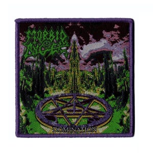 May include: A square embroidered patch featuring a purple border and a detailed graphic. The design depicts a green pentagram in the foreground, a central tower, and a dark landscape. The text "MORBID ANGEL" appears in green at the top, with "DOMINATION" in white at the bottom.