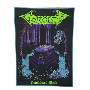 May include: A rectangular black fabric wall hanging featuring a neon green Gorguts logo at the top and the text Considered Dead at the bottom. The graphic depicts a skeleton lying on a stone sarcophagus within a dark purple gothic chamber.