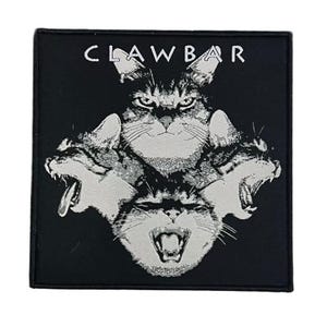 May include: A square black fabric patch featuring a white graphic design of three cat heads arranged in a triangular formation. The text CLAWBAR is printed in white capital letters at the top. The cats display various expressions including snarling.