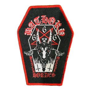 May include: Black coffin-shaped patch with a red border. The patch features a white pentagram with a goat head, the number 6, and the words "Black Metal Hordes" in red and white gothic lettering.