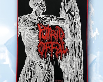 May include: Black patch with a red border featuring a detailed anatomical illustration of a human figure. The figure is in white, with a red, stylized text overlay that reads "PUTRID MARSH". A second figure is also present.