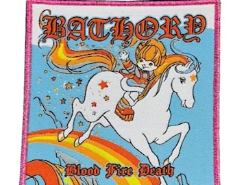 May include: Square patch with a cartoon illustration of a child riding a white horse over a rainbow. The patch has the text "BATHORD" at the top and "Blood Fire Death" at the bottom. The border is pink.