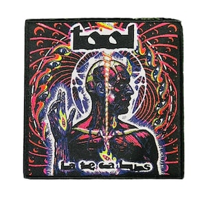 May include: A square patch with the band name "Tool" at the top. The patch features a detailed illustration of a human figure with a glowing spine and a halo, surrounded by eyes and intricate designs. The text "Lateralus" is at the bottom.