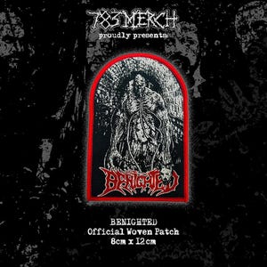 May include: Black and white woven patch with a red border featuring a detailed illustration of a skeletal figure. The patch reads "BENIGHTED" in red, stylized lettering. The text "783MERCH proudly presents" is at the top.