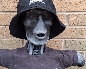 May include: A black bucket hat with a white "Insect Warfare" patch sits on a grey, skeletal head. The figure wears a dark grey t-shirt with a white eagle design.