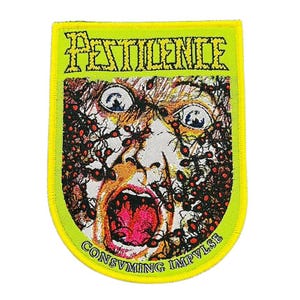 May include: A yellow-bordered patch featuring the word "PESTILENCE" in a neon green font. The patch's center depicts a screaming face covered in insects, with the words "CONSUMING IMPULSE" at the bottom.