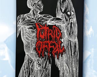 May include: Black canvas art print featuring a detailed anatomical illustration of a human figure with exposed muscles and organs. The red text "PUTRID OFFAL" is prominently displayed. The artwork has a gothic or horror theme.