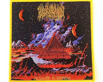 May include: Square patch with a yellow border. It features a surreal landscape with red pyramids, a starry sky, and the text "ABSOLUTE ELSEWHERE". The design includes a celestial theme with two crescent moons.
