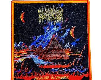 May include: Embroidered patch with a vibrant design featuring pyramids under a starry night sky. The patch has a black background with orange, red, blue, and yellow accents. The text "ABSOLUTE ELSEWHERE" is at the bottom.