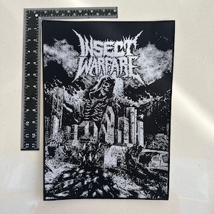 May include: Black and white patch with the band name "INSECT WARFARE". The design features a skeletal figure, city buildings, and a graveyard. The patch measures approximately 25 cm by 20 cm.