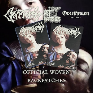 May include: Two rectangular backpatches with a classical painting design, featuring a woman and a man's head. The patches have the word "CRYPTOSY" in a white, gothic font. The text "NONE SO VILE" is also visible. The image also includes the text "OFFICIAL WOVEN BACKPATCHES".