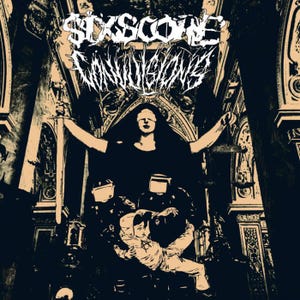 May include: Black and white illustration of a woman with a blindfold holding a sword and scales of justice. The woman is standing in front of a large, ornate building. The text "SIXSCORE" and "VANQUISHED" is written in a gothic font above the woman.