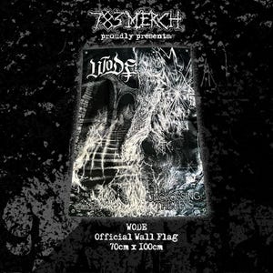 May include: Black and white wall flag featuring the band name "WODE" and the text "UNCROSSING THE KEYS." The flag has a gothic design with a staircase and archway. The dimensions are 27.5 inches by 39.3 inches.