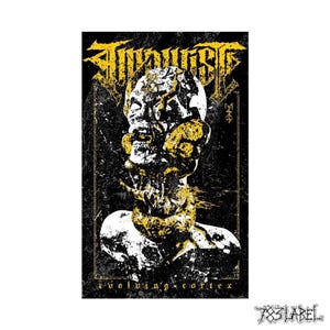 May include: A black and white graphic design with a yellow and white image of a person's head with a skull-like face. The text "SUPPRESS" is in yellow and white letters at the top of the image. The text "evolving cortex" is at the bottom of the image.