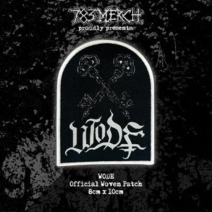 May include: Black woven patch with a white border, featuring the word "WODE" in a gothic font, and crossed keys. The patch is 8cm x 10cm and is labeled as an official woven patch.