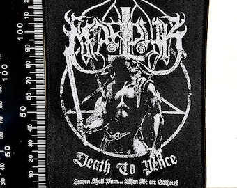 May include: Black rectangular patch with a white graphic of a horned figure inside a pentagram, holding a sword. The text "Death To Peace" and "Heaven Shall Burn... When We are Gathered" are below the graphic. The patch measures approximately 4 inches by 3 inches.