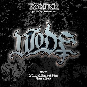 May include: Official WODE enamel pins. The pins feature a stylized silver-colored wordmark with a black interior, set against a textured black background. The pins measure 58mm x 39mm.