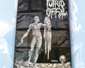 May include: Black banner featuring a skeletal figure holding a knife and a draped, ghostly form. The banner has the band name "PUTRID OFFAL" in a distressed, gothic font. The artwork is in black and white.