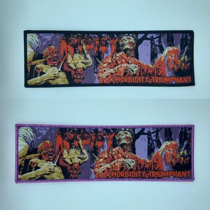 May include: Two rectangular embroidered patches with a horror theme. The top patch has a black border, and the bottom patch has a purple border. Both patches feature a gruesome illustration with the text "MORBIDITY TRIUMPHANT".