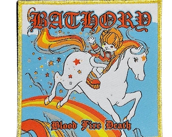 May include: Square patch featuring a cartoon illustration of a person riding a white horse over a rainbow. The patch has the word "BATHORD" at the top and "Blood Fire Death" at the bottom. The patch has a gold border and is set against a blue background.