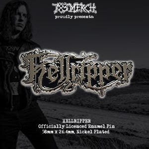 May include: A nickel-plated enamel pin with the word "Hellripper" in a stylized font. The officially licensed pin measures 5.8cm x 2.64cm. The image also includes the text "783 MERCH proudly presents:" in a stylized font.