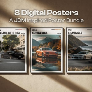 Paquete de pósteres digitales de coches JDM, arte mural de coches japoneses, R34, Supra, Silvia S15, RX-7, regalo para él, regalo para entusiastas de los coches, impresiones para amantes de JDM