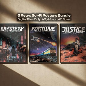 Retro Sci-Fi Poster Bundle, Cyberpunk Space Art, Futuristic Wall Decor, Vintage Sci-Fi Digital Download, Galaxy Adventure Print Set