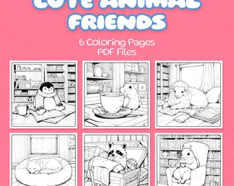 Cute Animal Friends Digital Coloring Pages Set, 6 Adorable Printable PDF Files for Relaxation, Coloring Lovers, Coloring Pages for Kids Gift