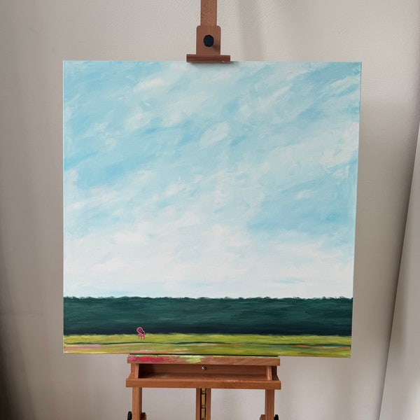 STATEMENT painting with minimalistic landscape, blue sky and quirky red miniature chair