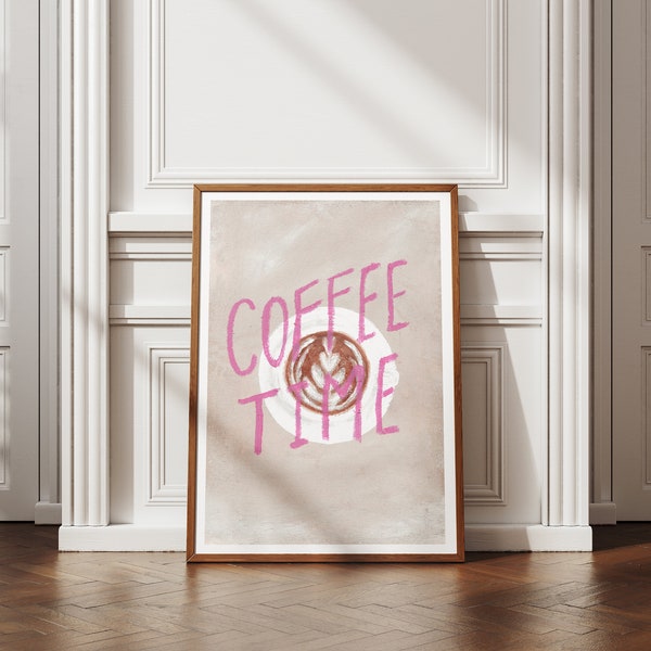 Coffee time original painting print with texture and pink quote